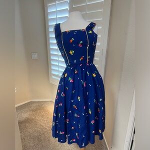 Sabino 80s Blue Floral novelty‎ rockabilly Pockets Pin Up Glam Fit Flare dress 8